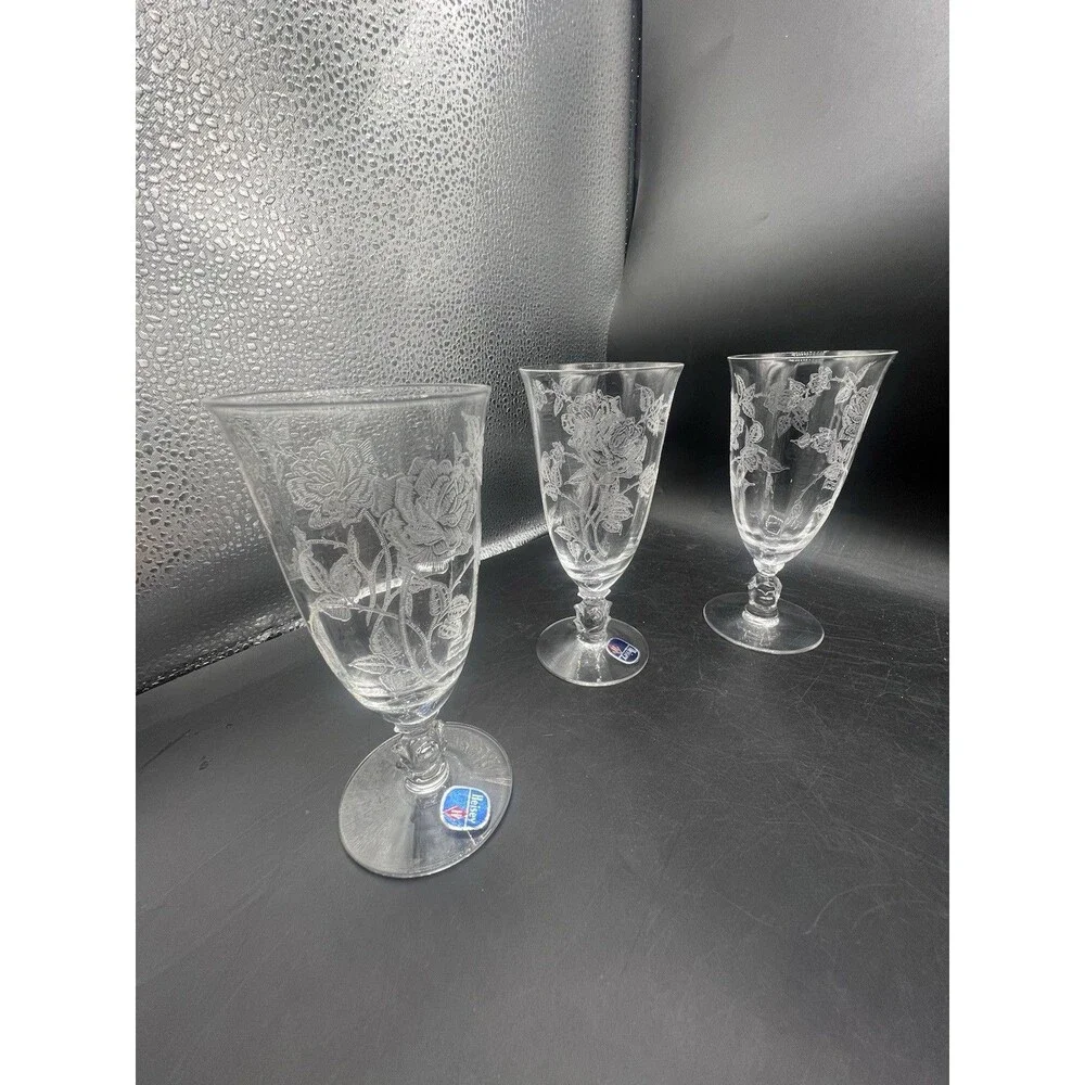 Heisey Rose Etched Crystal Water Goblets Set of 6 Vintage 5.5” Original Labels